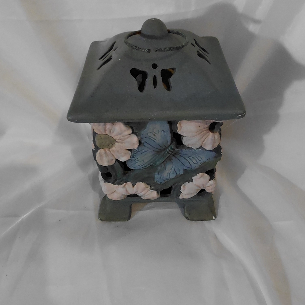 Ceramic Butterfly & Flower Lantern - Blue and Pink